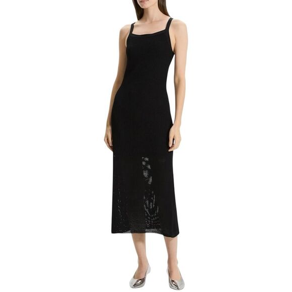 Theory Textured Knit Pointelle Midi Dress Sleeveless Straight Fit Black M NWT - Picture 1 of 14
